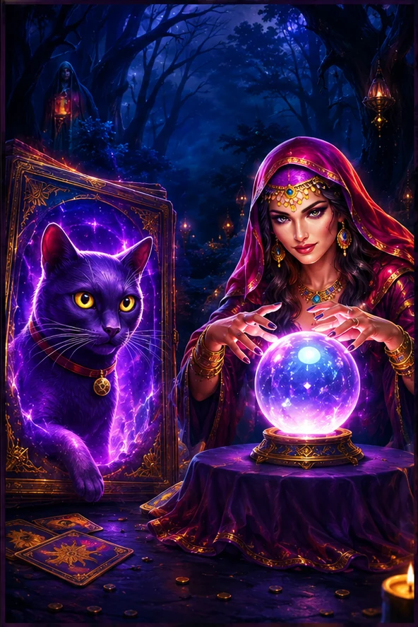 Violette Katze und Wahrsagerin in einer mobilen Spielwelt